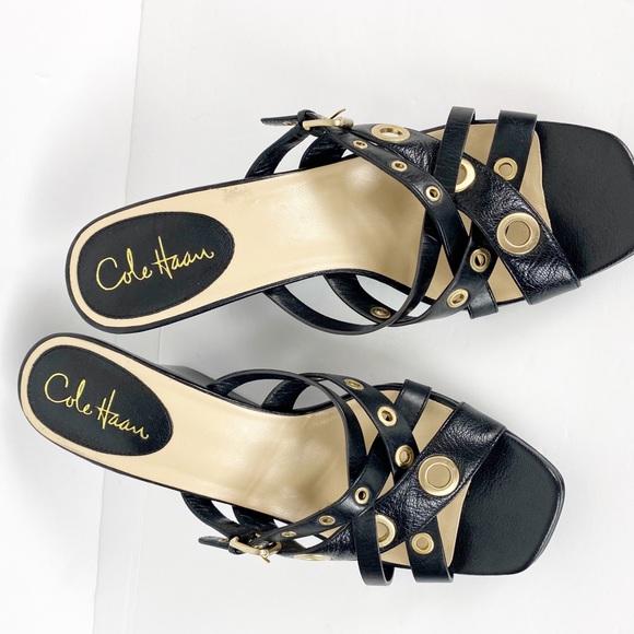 Cole Haan Black Strappy Wedge Leather Sandals - Picture 8 of 12